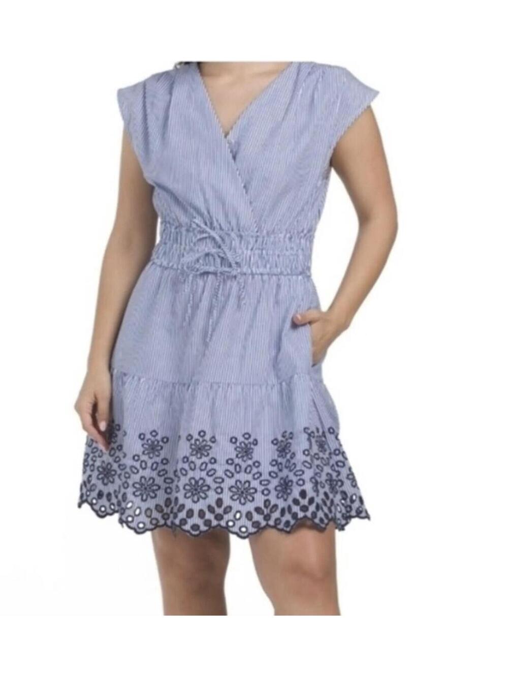 Rachel Zoe Cottagcore Eyelet Stripe Mini Dress Coquette Coastal Grandmother XL